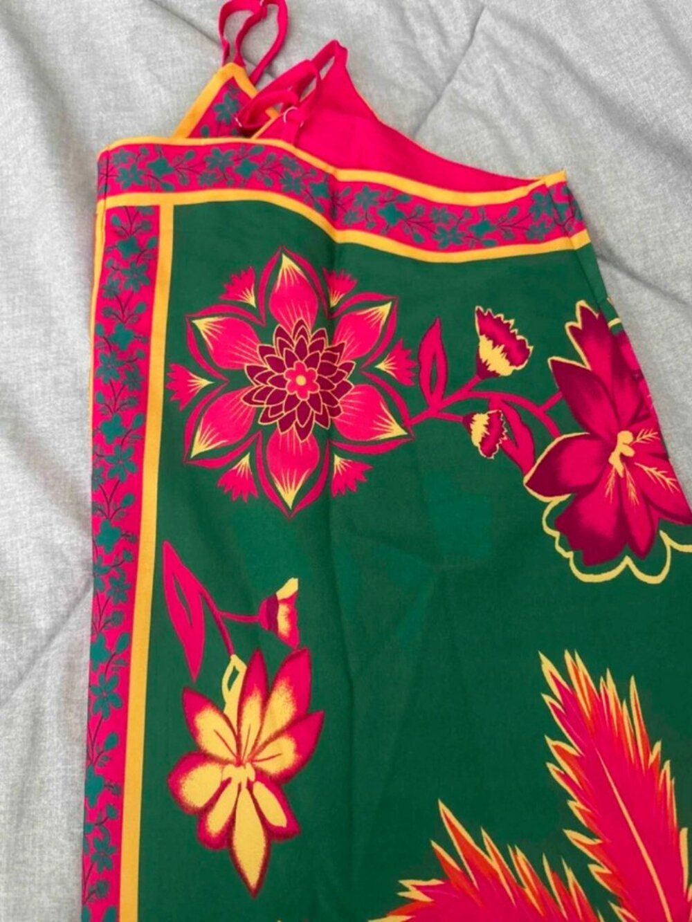 Women's Green Floral Boho Maxi Dress Spaghetti Strap Beach Vacation Sundress - Picture 5 of 5
